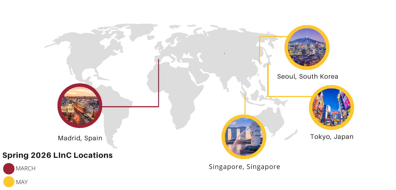 LInC 2026 Map of Travel Destinations: Madrid, Seoul, Singapore, Tokyo