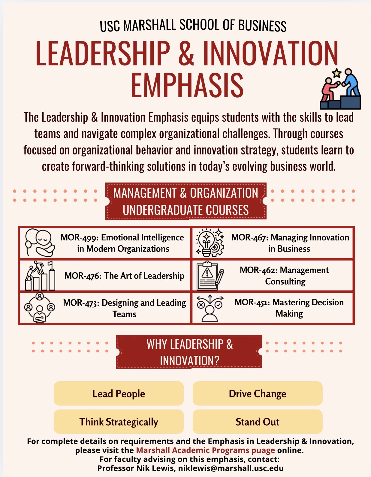 Management and Organization undergraduate courses, along with key reasons why students should declare Leadership and Innovation emphasis