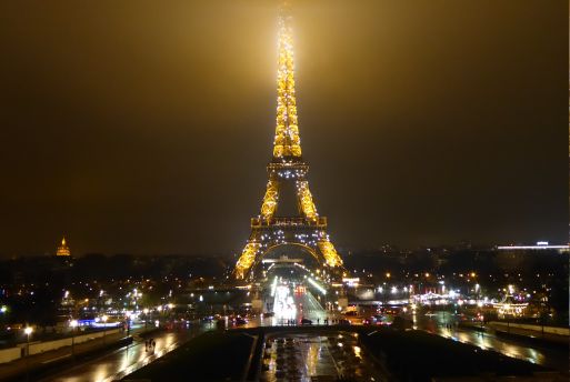 Eiffel Tower sparkling under nightfall.